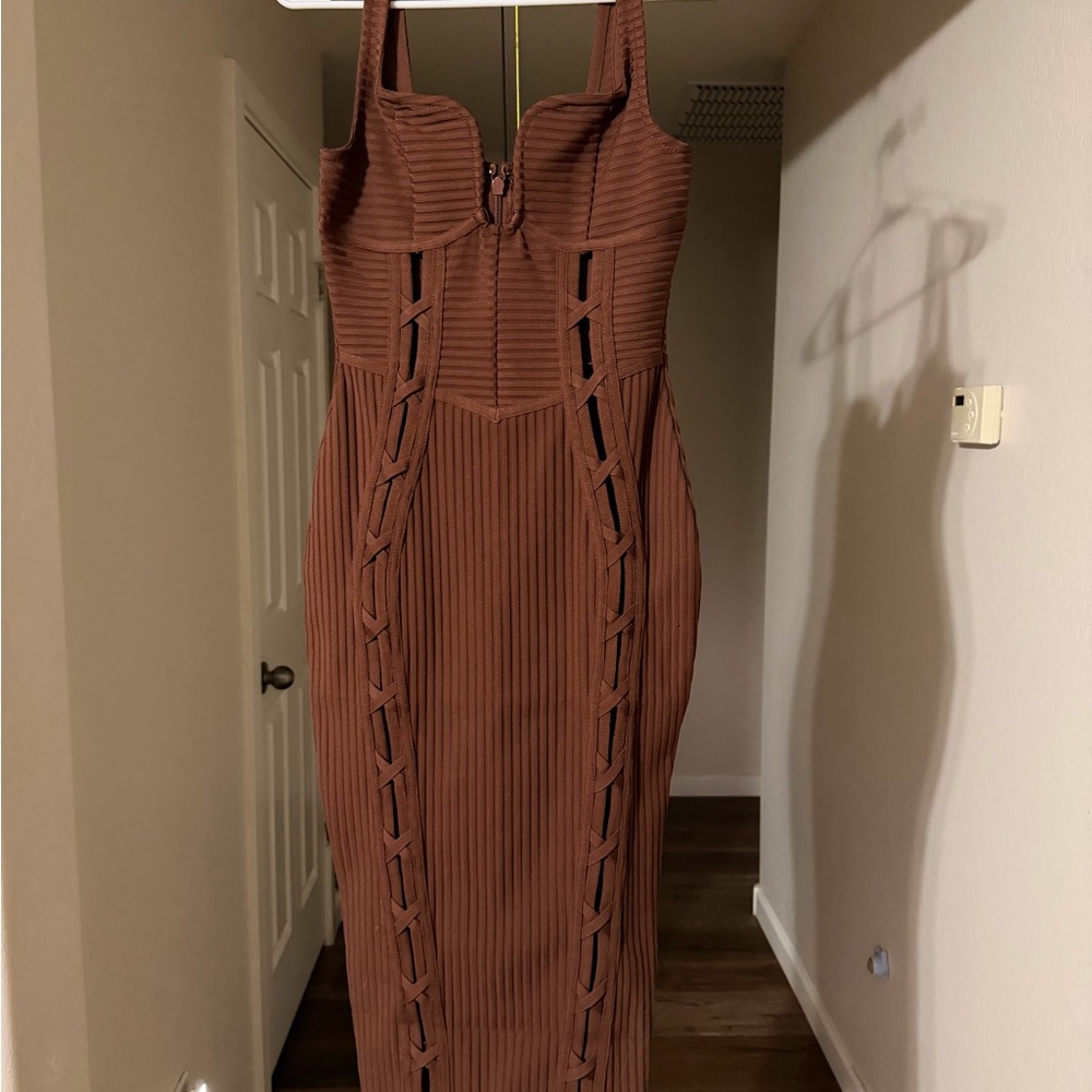 NEW Fashion Nova Brown Ribbed Midi Dress with Lace-Up Panels